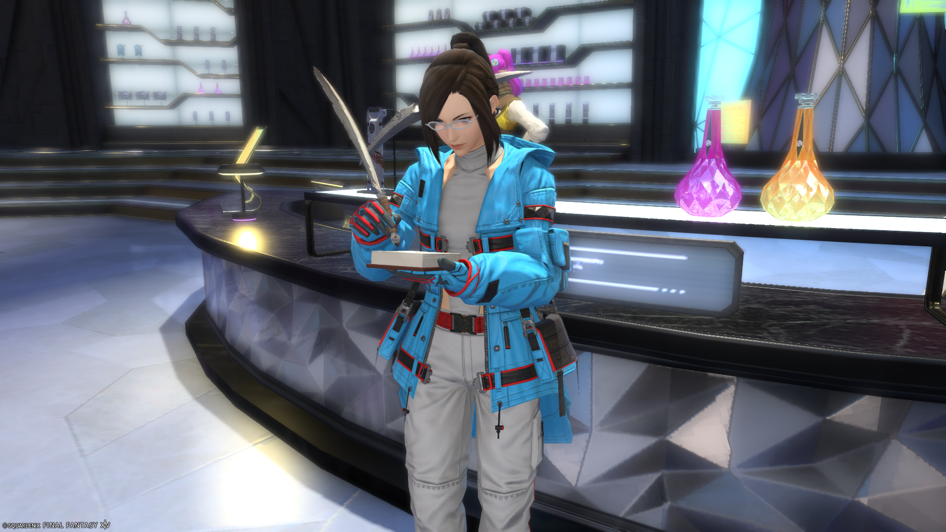 A player using the pen emote in Final Fantasy 14.