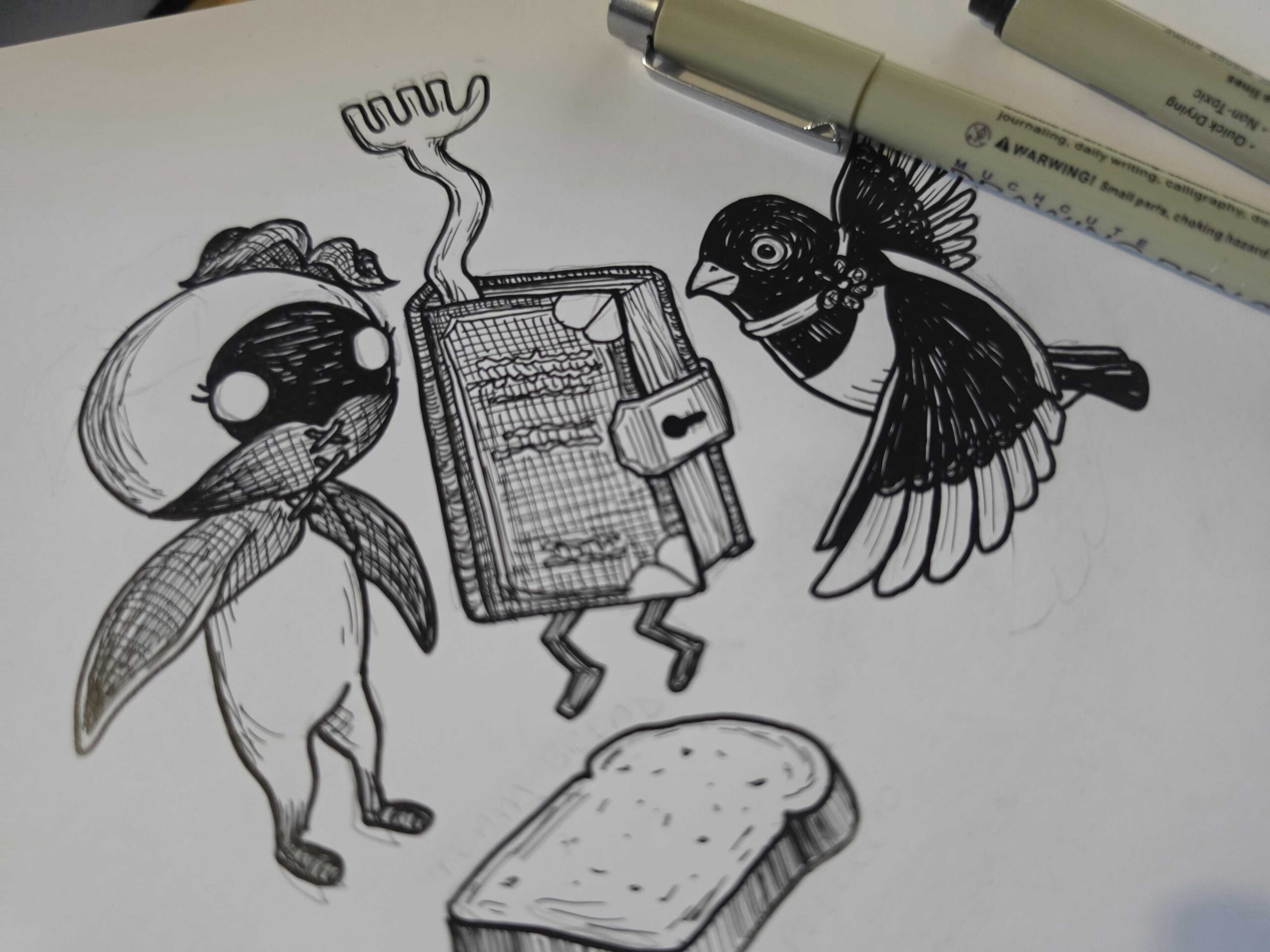 A pen and ink drawing of the Queen Mandragora, Page 63, and Doman Magpie minions from Final Fantasy XIV with a slice of bread.