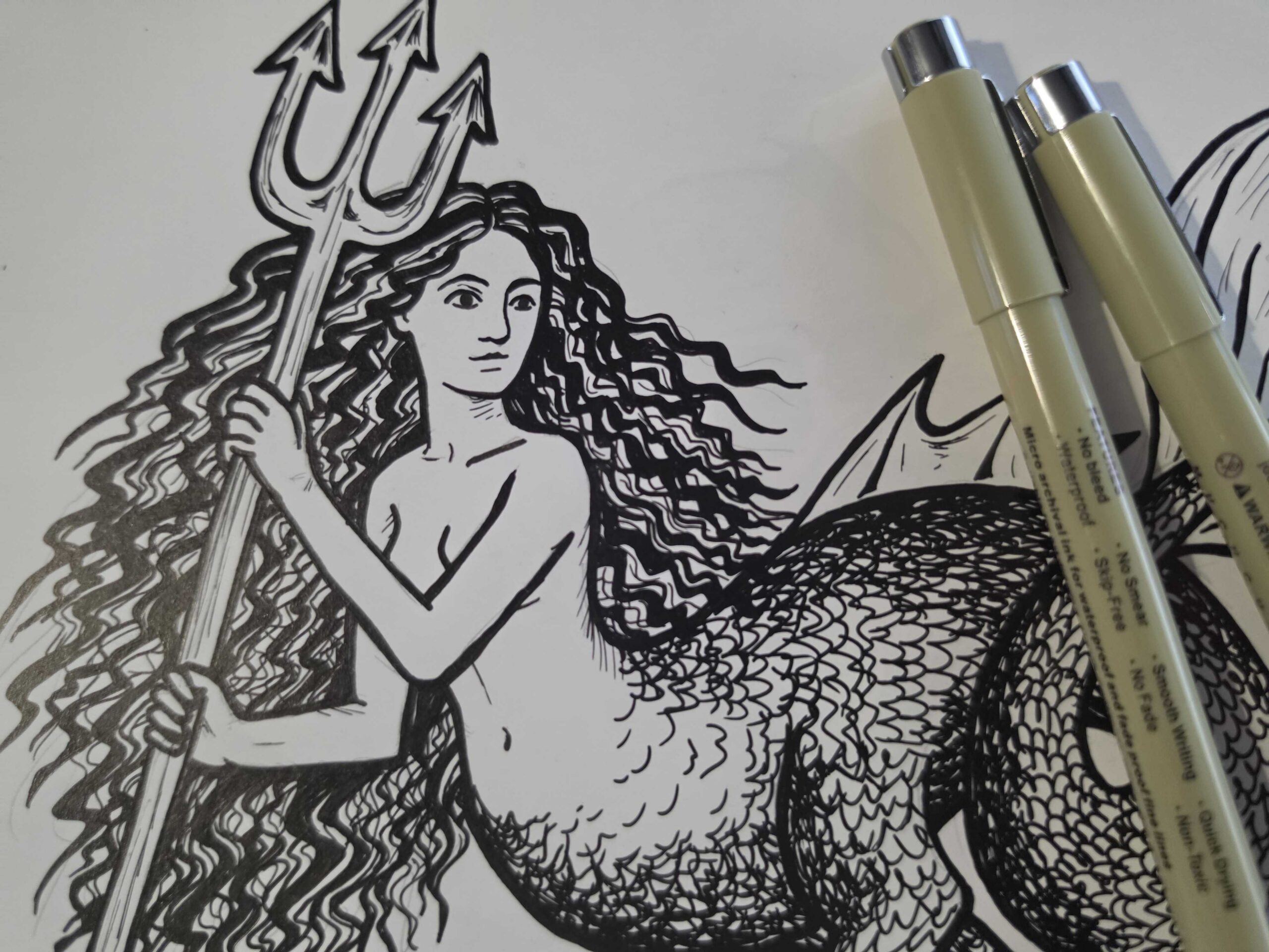 A pen and ink picture of a mermaid with pens atop of it.