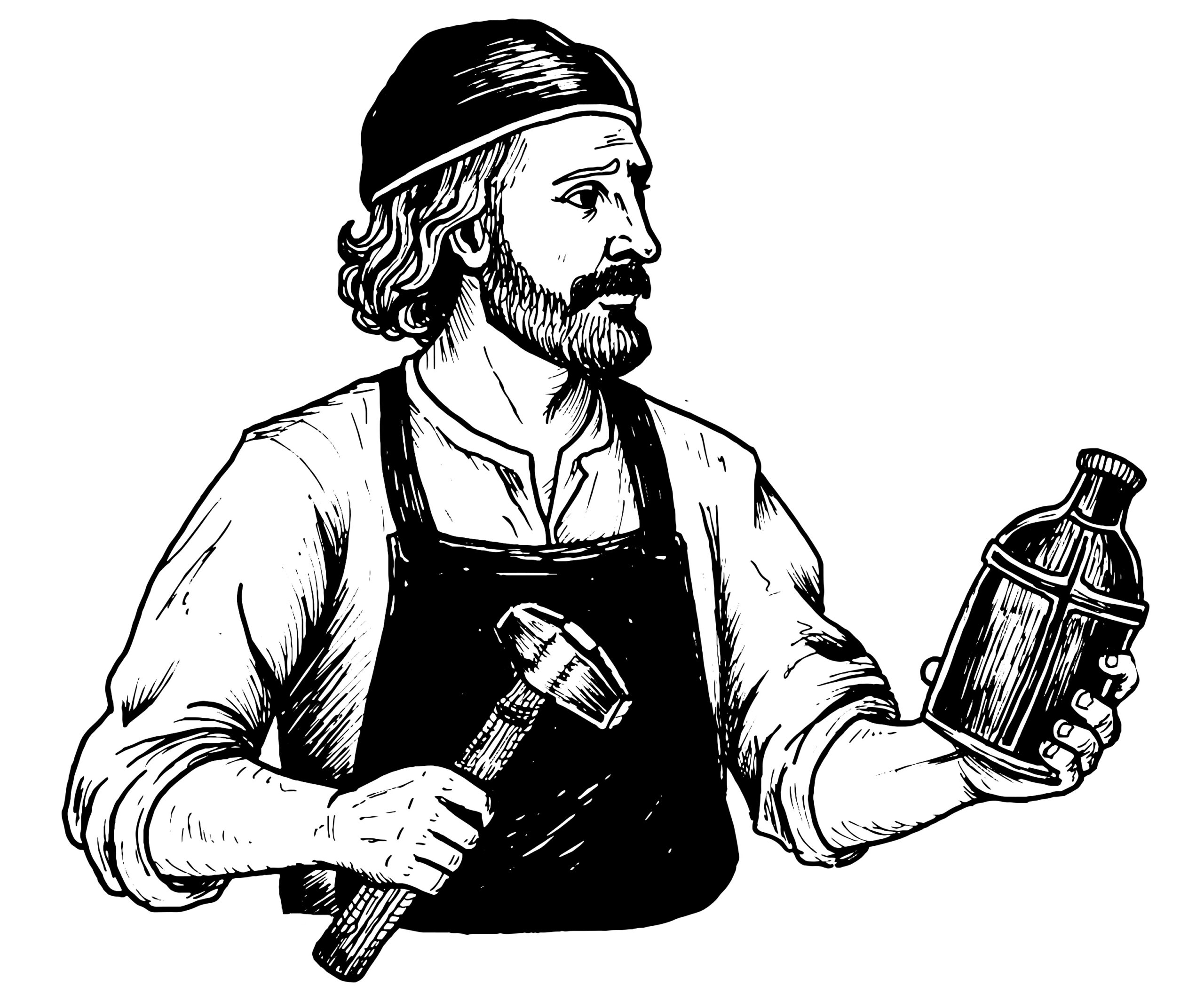 An imagining of Stephen Choppen, a Blacksmith holding a hammer and bottle.