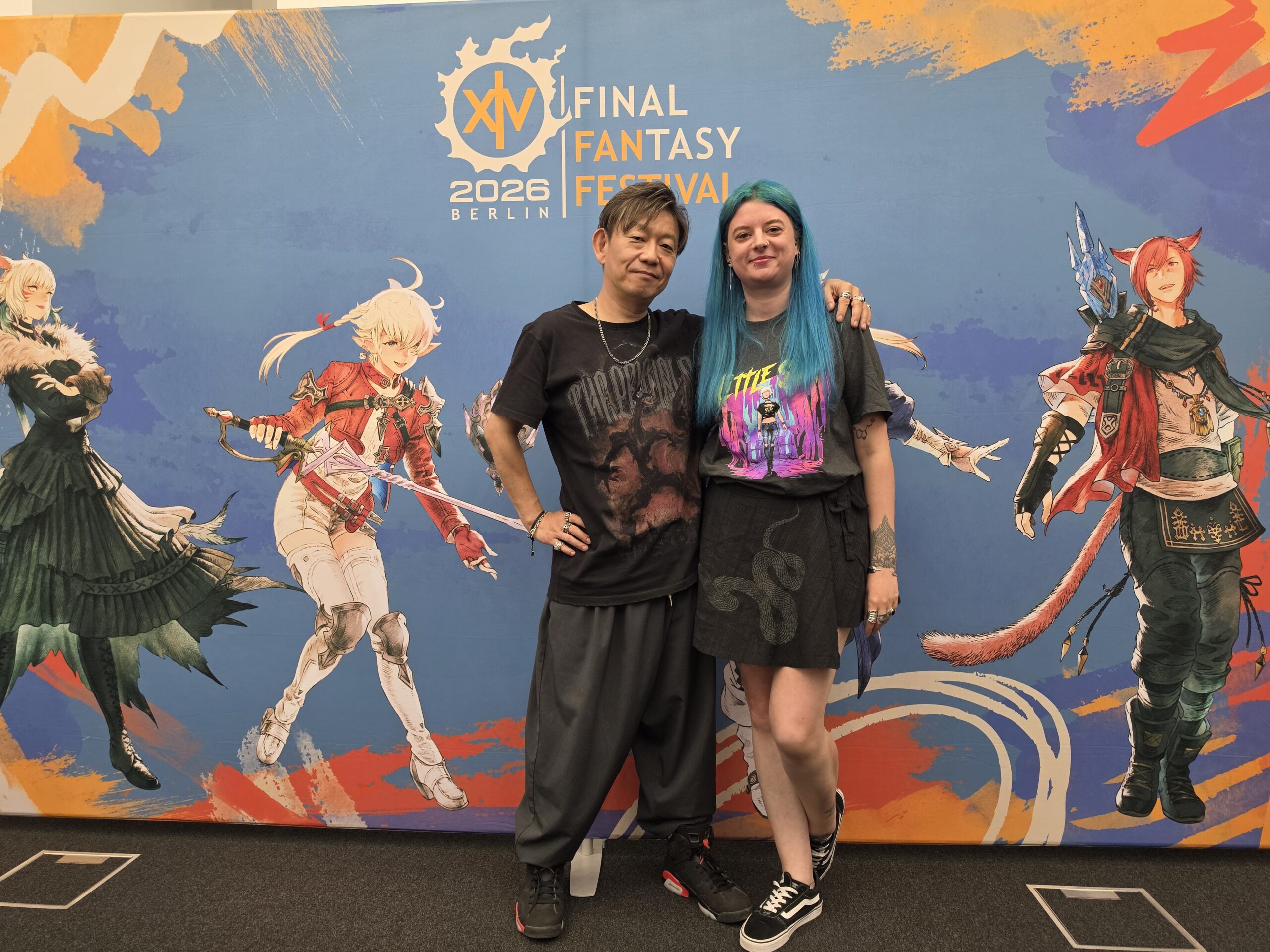 Meg Pelliccio and Naoki Yoshida at Final Fantasy XIV Fan Fest in Berlin.