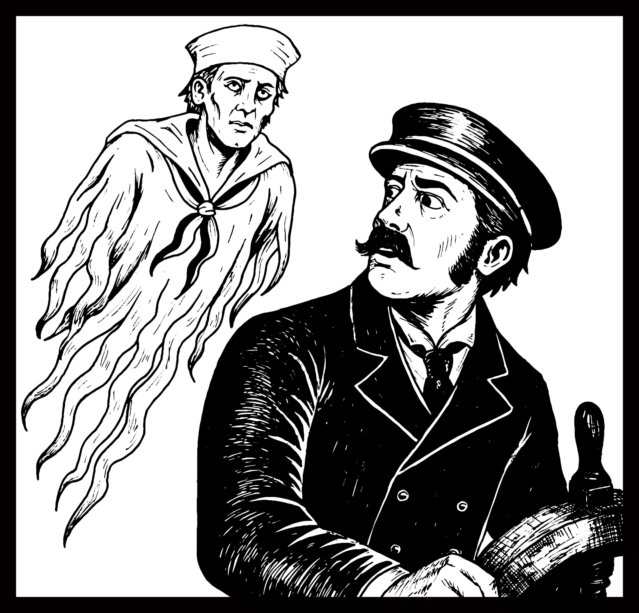 A captain looking at the ghost of a sailor behind him.