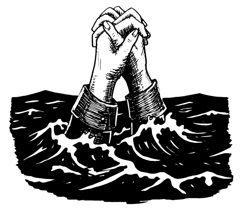 Two clasped hands rise from the sea.